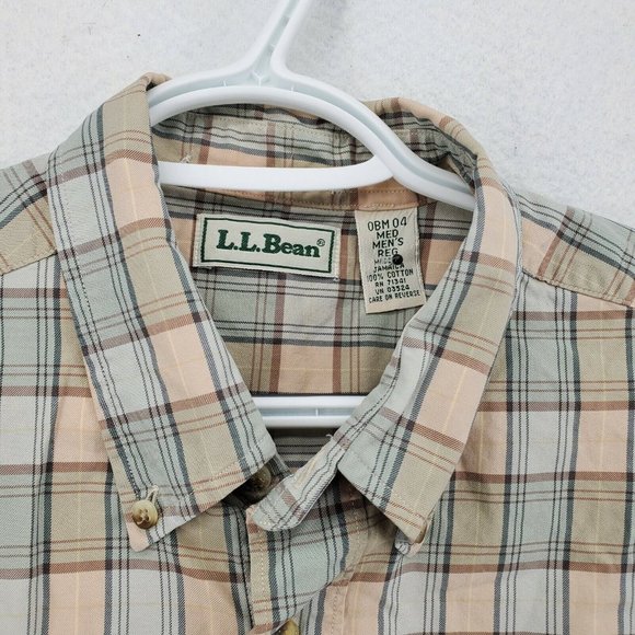 L L Bean Shirt Men's 3/4 Sleeve Button Up Reg Fit Plaid Green Blue Cream Medium - Picture 7 of 12